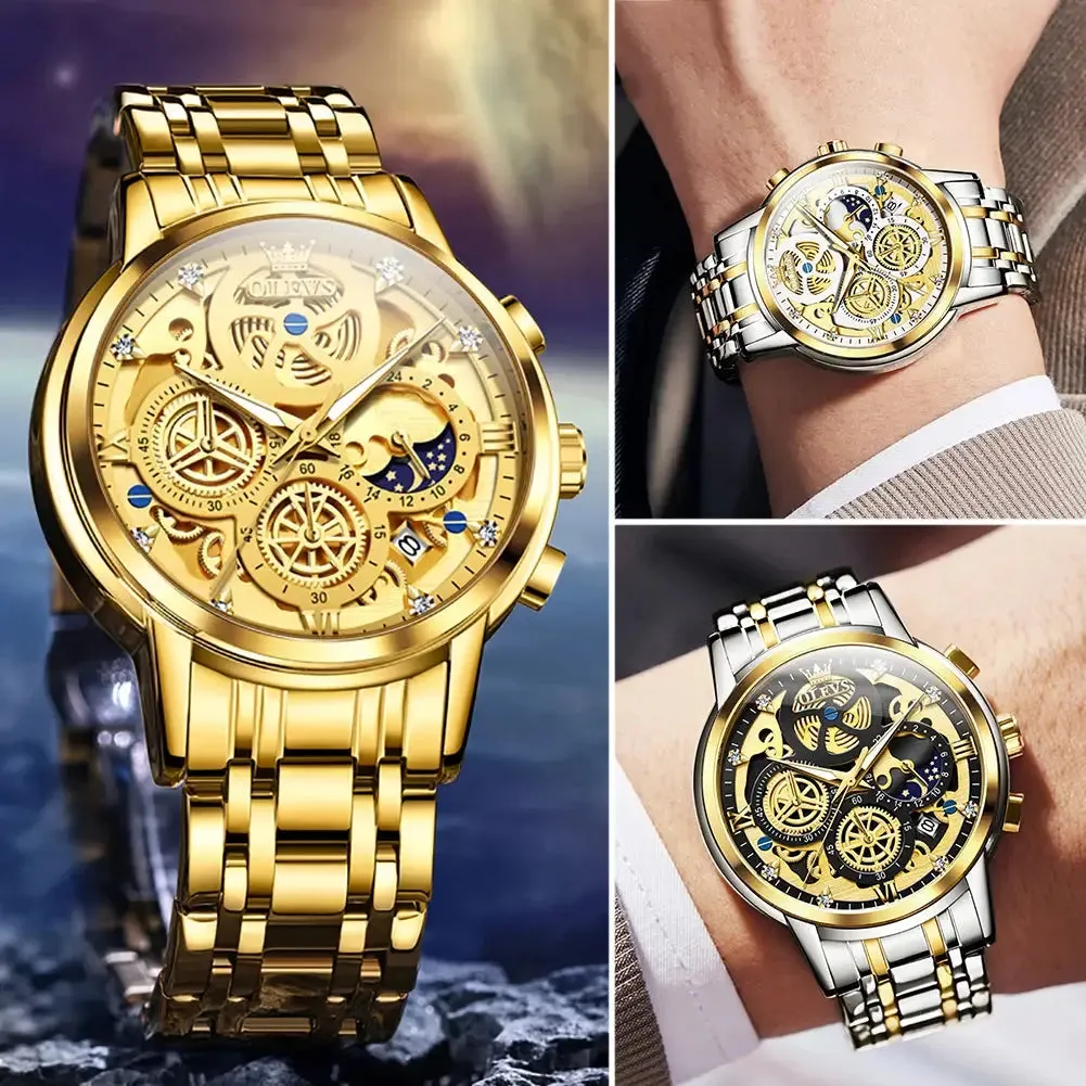 Elegance 9947 Men's Watches Top Brand Luxury Original Waterproof Quartz Watch for Man Gold Skeleton Style 24 Hour Day Night