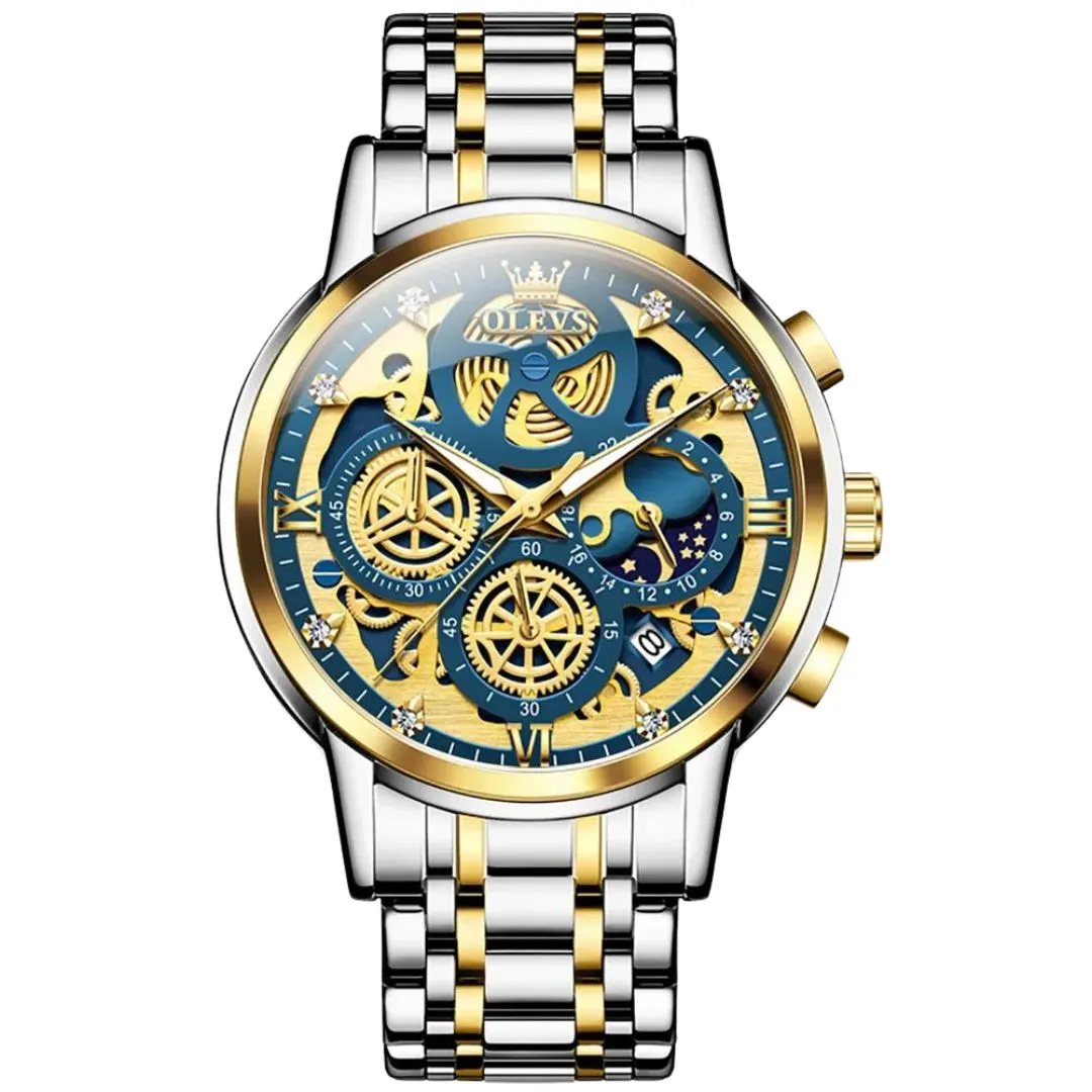 Elegance 9947 Men's Watches Top Brand Luxury Original Waterproof Quartz Watch for Man Gold Skeleton Style 24 Hour Day Night