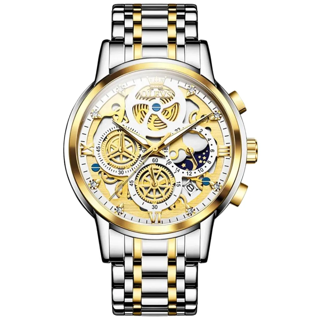 Elegance 9947 Men's Watches Top Brand Luxury Original Waterproof Quartz Watch for Man Gold Skeleton Style 24 Hour Day Night