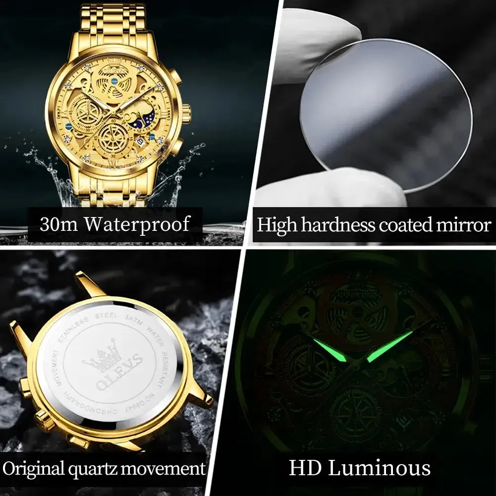 Elegance 9947 Men's Watches Top Brand Luxury Original Waterproof Quartz Watch for Man Gold Skeleton Style 24 Hour Day Night