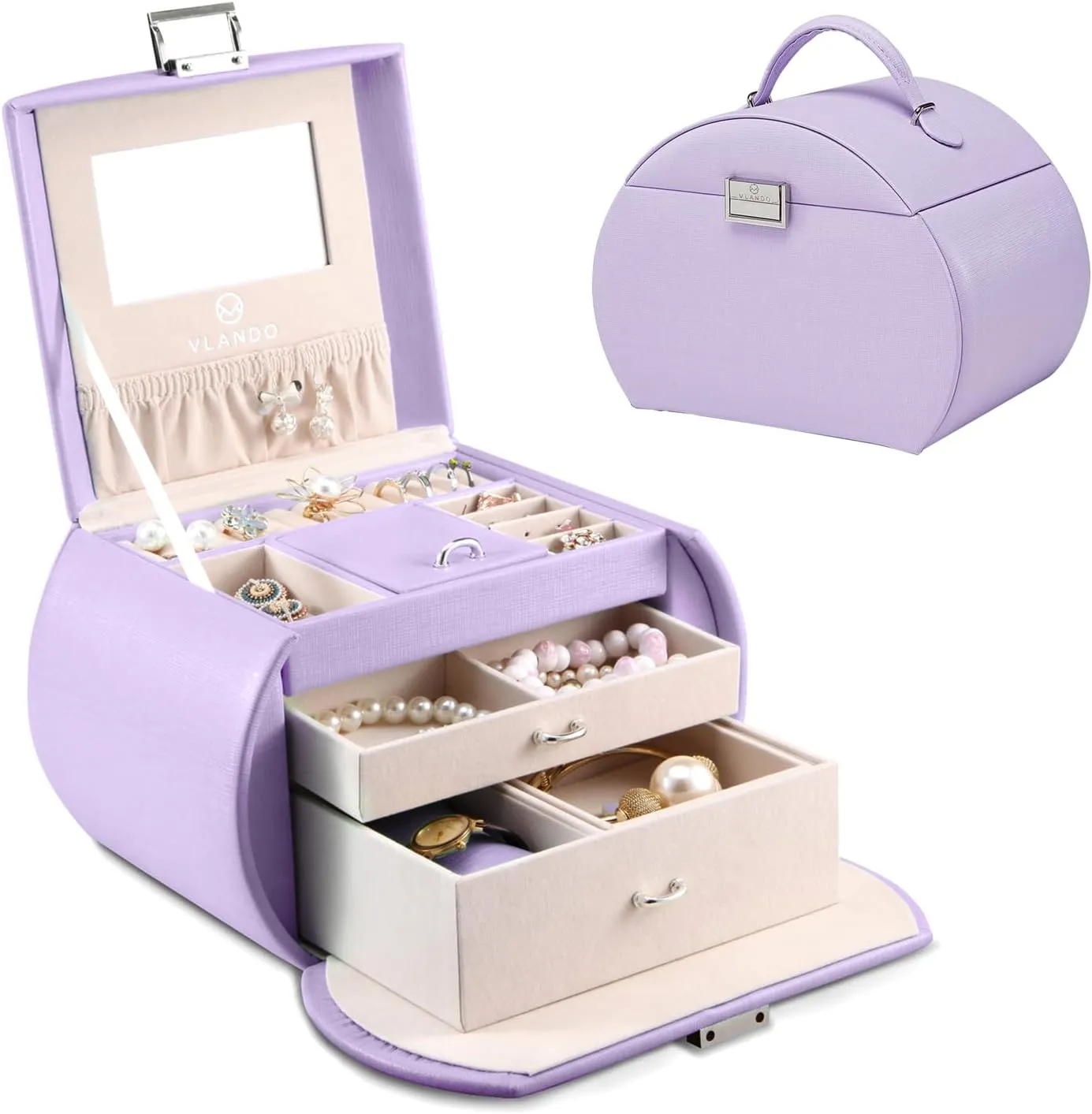 Elegant political latter culminate Storage for Your Treasured Accessories, Purple Vlando Princess-Style Luxury Jewelry Box, Leather Mirrored Necklaces Earrings Rings Watch Organizer, 
