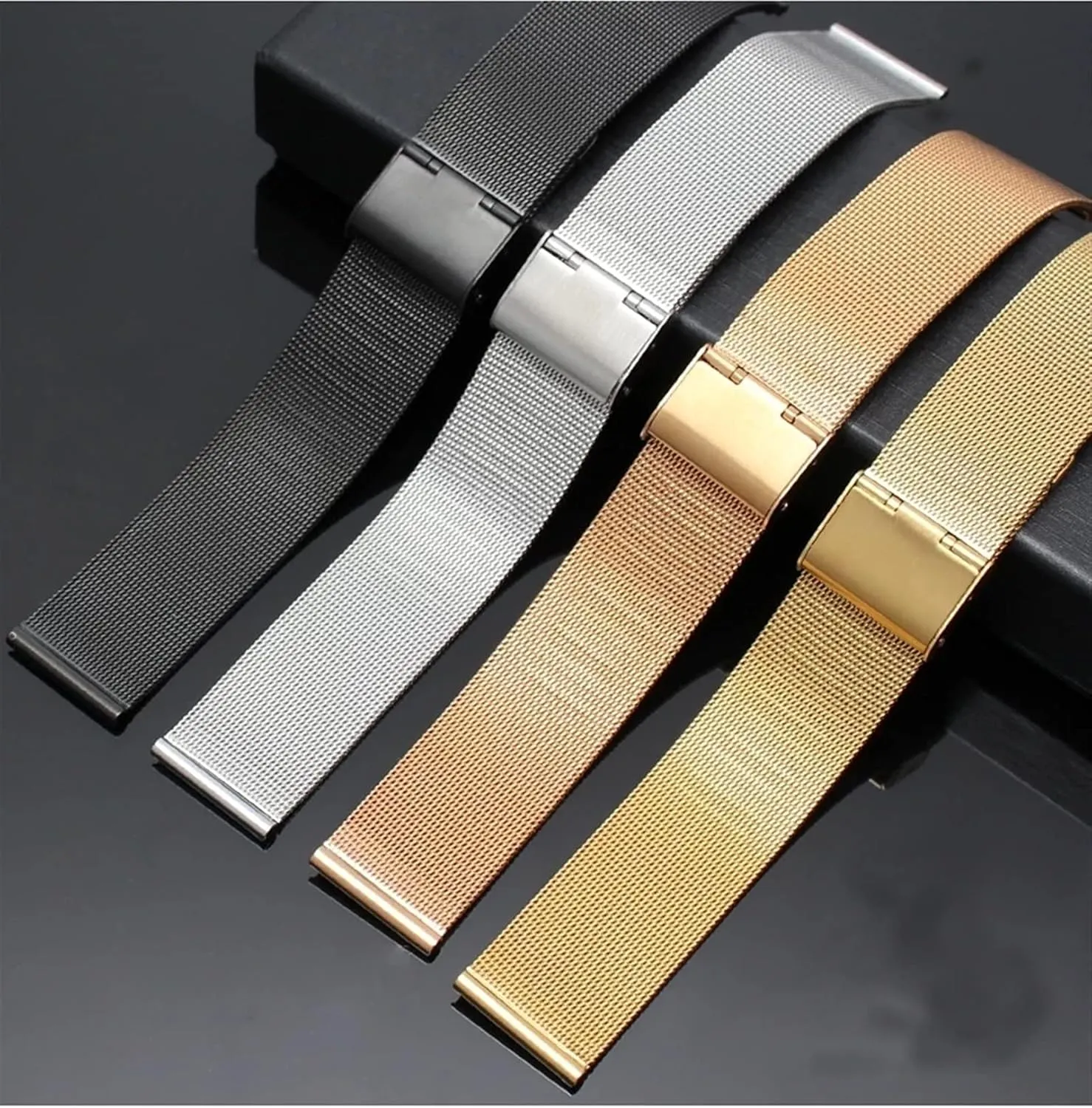 End Tapered Stainless Steel Strap with Safety Buckle 20mm 22mm General canopy impurity grab central Strap Black Silver Watch Band Solid Durable Curved 