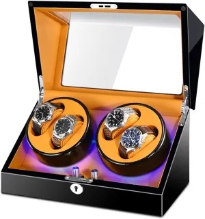 End Watch Winder for 4 Watches with Soft Flexible Watch Pillows Blue Led Light Open and Shut Down Featured Piano sure Paint Exterior Watch Display Box High 