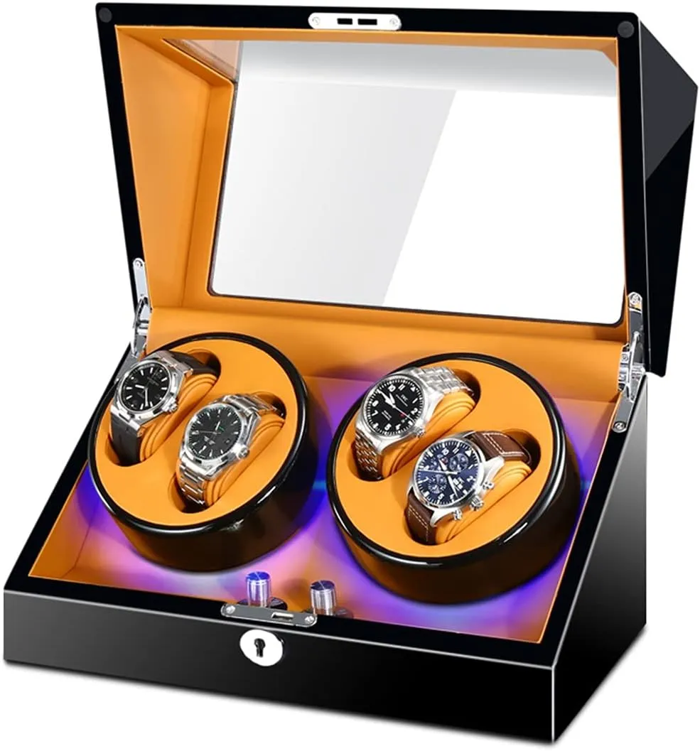 End Watch Winder for 4 Watches with Soft Flexible Watch Pillows Blue Led Light Open and Shut Down Featured Piano sure Paint Exterior Watch Display Box High 