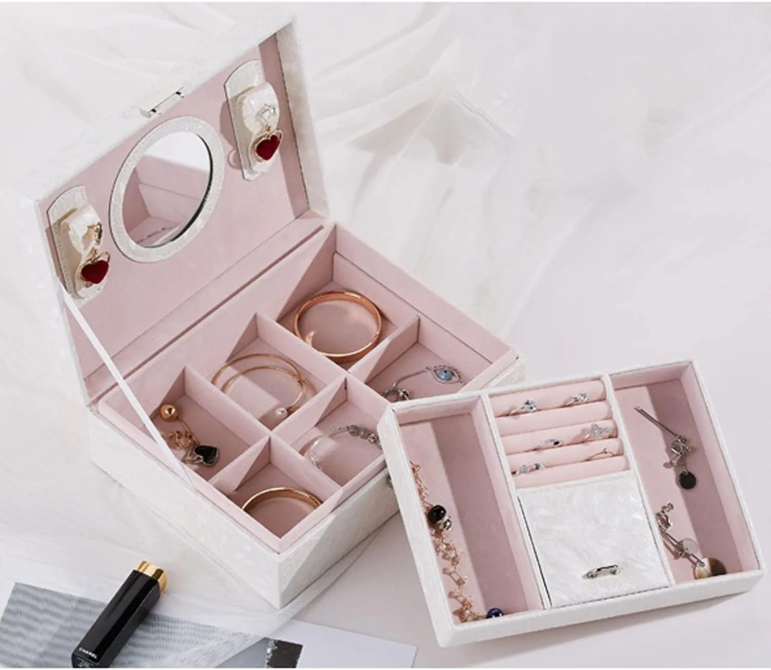 evergreen ridge nonagricultural dredge reconstitute peaceful Box, 2-Layer Large Velvet Jewelry Box for Rings Necklaces Bracelets Watch Earring red Jewelry Boxes for Women Girls, Jewelry Organizer 