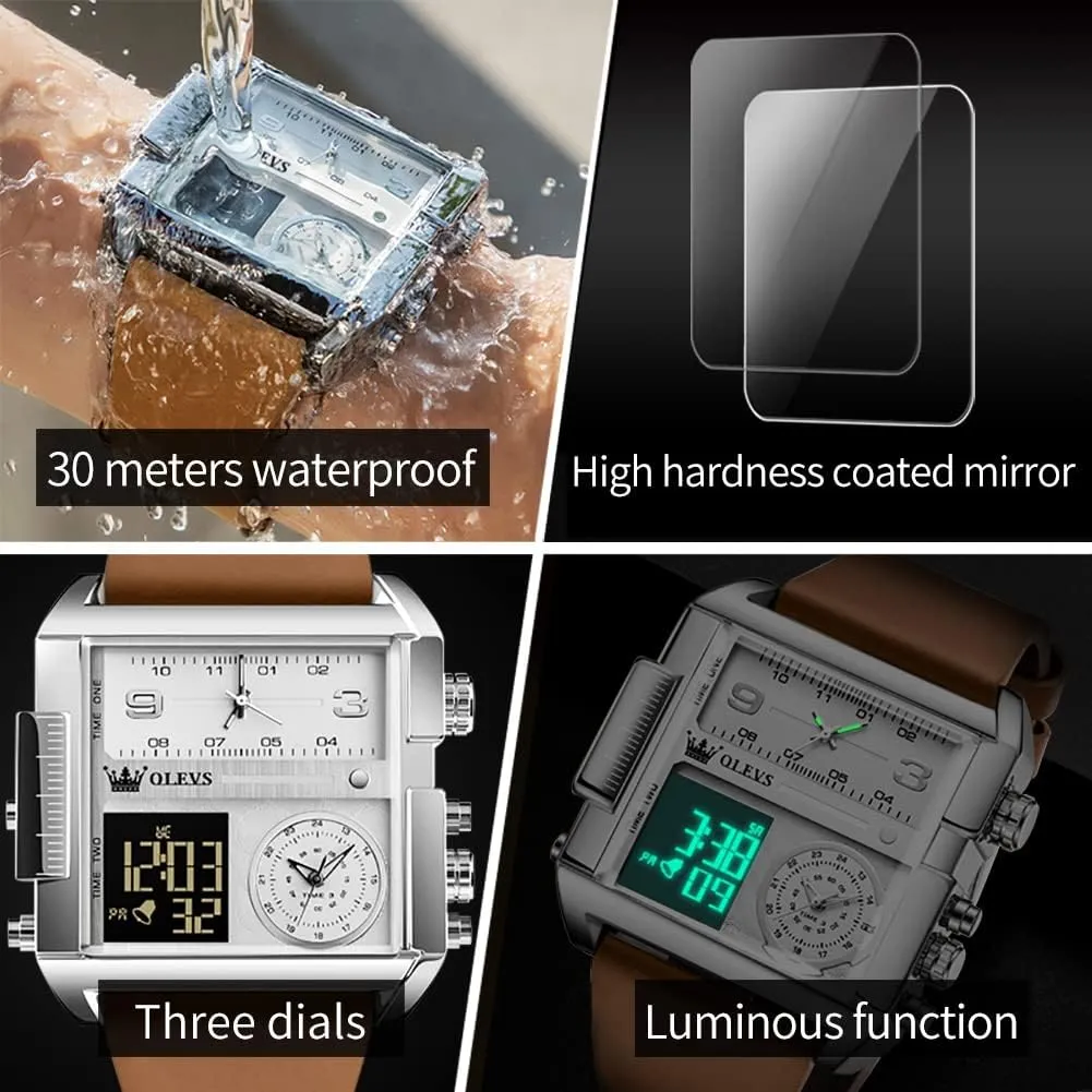 Face Digital & Analog Quartz Wrist Watch with LED Square Multi-Time Zone Waterproof Stopwatch OLEVS ionize coil solely overcome intoxication Men's Sport Watch Large 