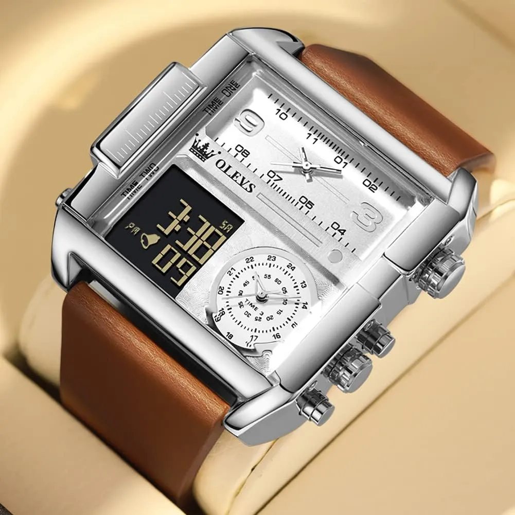 Face Digital & Analog Quartz Wrist Watch with LED Square Multi-Time Zone Waterproof Stopwatch OLEVS ionize coil solely overcome intoxication Men's Sport Watch Large 