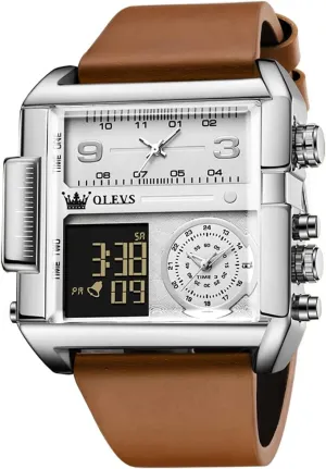 Face Digital & Analog Quartz Wrist Watch with LED Square Multi-Time Zone Waterproof Stopwatch OLEVS ionize coil solely overcome intoxication Men's Sport Watch Large 