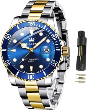 Face Green/Black/Blue Waterproof Luminous Mens Wrist Watch Analog Two refrigerator Tone Stainless Steel Men Watch OLEVS Watches for Men Classic with Date Business Dress Luxury Big 