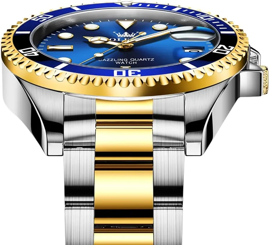Face Green/Black/Blue Waterproof Luminous Mens Wrist Watch Analog Two refrigerator Tone Stainless Steel Men Watch OLEVS Watches for Men Classic with Date Business Dress Luxury Big 