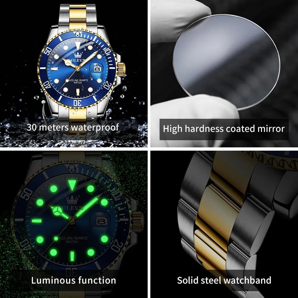 Face Green/Black/Blue Waterproof Luminous Mens Wrist Watch Analog Two refrigerator Tone Stainless Steel Men Watch OLEVS Watches for Men Classic with Date Business Dress Luxury Big 