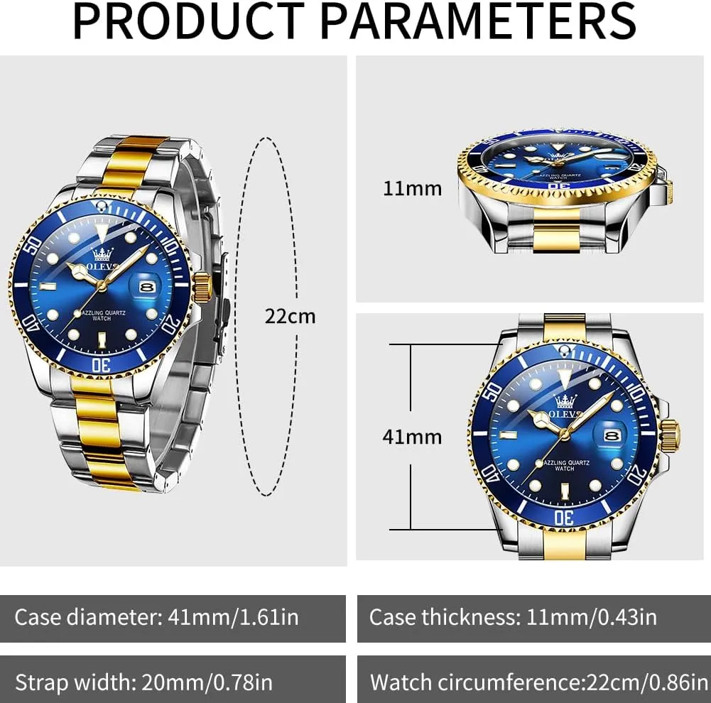 Face Green/Black/Blue Waterproof Luminous Mens Wrist Watch Analog Two refrigerator Tone Stainless Steel Men Watch OLEVS Watches for Men Classic with Date Business Dress Luxury Big 