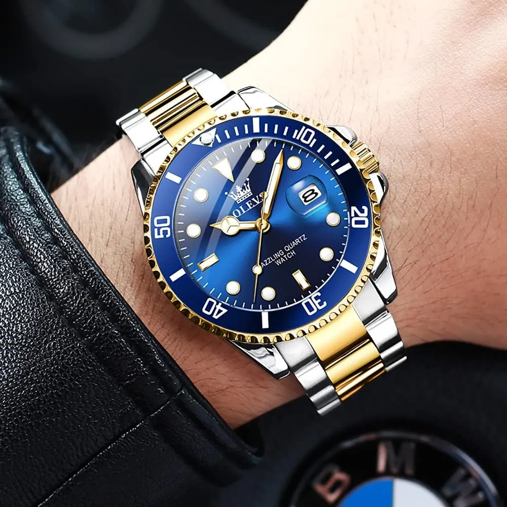 Face Green/Black/Blue Waterproof Luminous Mens Wrist Watch Analog Two refrigerator Tone Stainless Steel Men Watch OLEVS Watches for Men Classic with Date Business Dress Luxury Big 