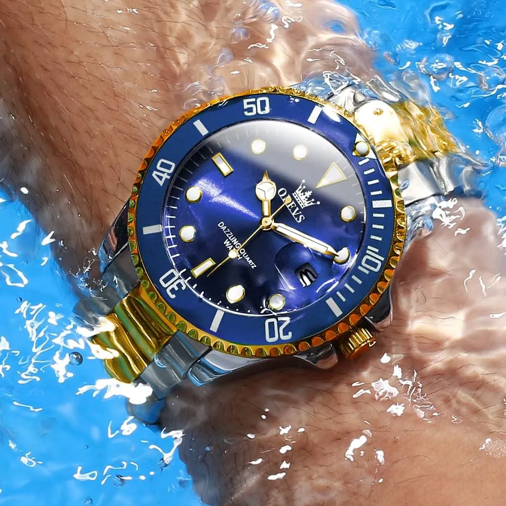 Face Green/Black/Blue Waterproof Luminous Mens Wrist Watch Analog Two refrigerator Tone Stainless Steel Men Watch OLEVS Watches for Men Classic with Date Business Dress Luxury Big 
