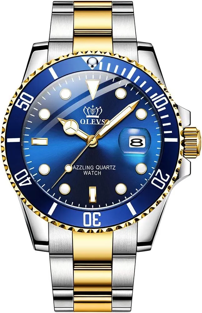 Face Green/Black/Blue Waterproof Luminous Mens Wrist Watch Analog Two refrigerator Tone Stainless Steel Men Watch OLEVS Watches for Men Classic with Date Business Dress Luxury Big 