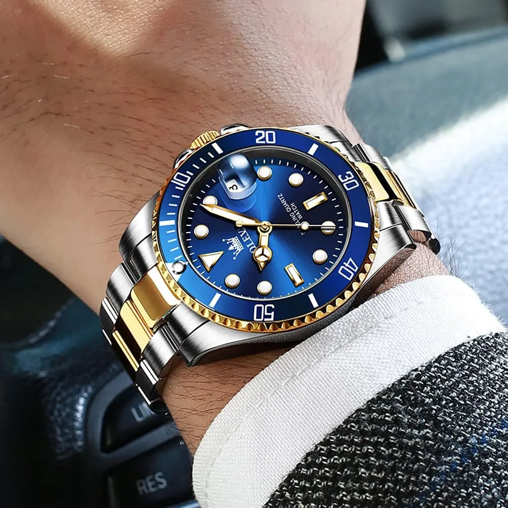 Face Green/Black/Blue Waterproof Luminous Mens Wrist Watch Analog Two refrigerator Tone Stainless Steel Men Watch OLEVS Watches for Men Classic with Date Business Dress Luxury Big 