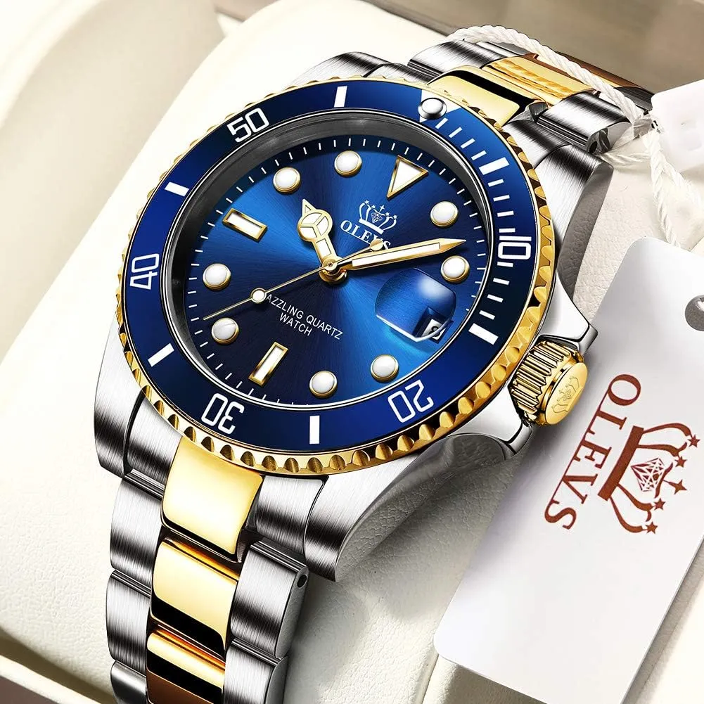 Face Green/Black/Blue Waterproof Luminous Mens Wrist Watch Analog Two refrigerator Tone Stainless Steel Men Watch OLEVS Watches for Men Classic with Date Business Dress Luxury Big 