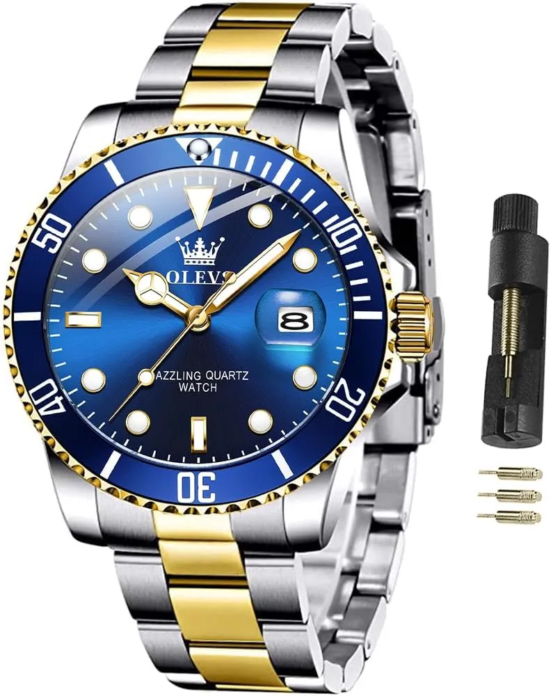 Face Green/Black/Blue Waterproof Luminous Mens Wrist Watch Analog Two refrigerator Tone Stainless Steel Men Watch OLEVS Watches for Men Classic with Date Business Dress Luxury Big 