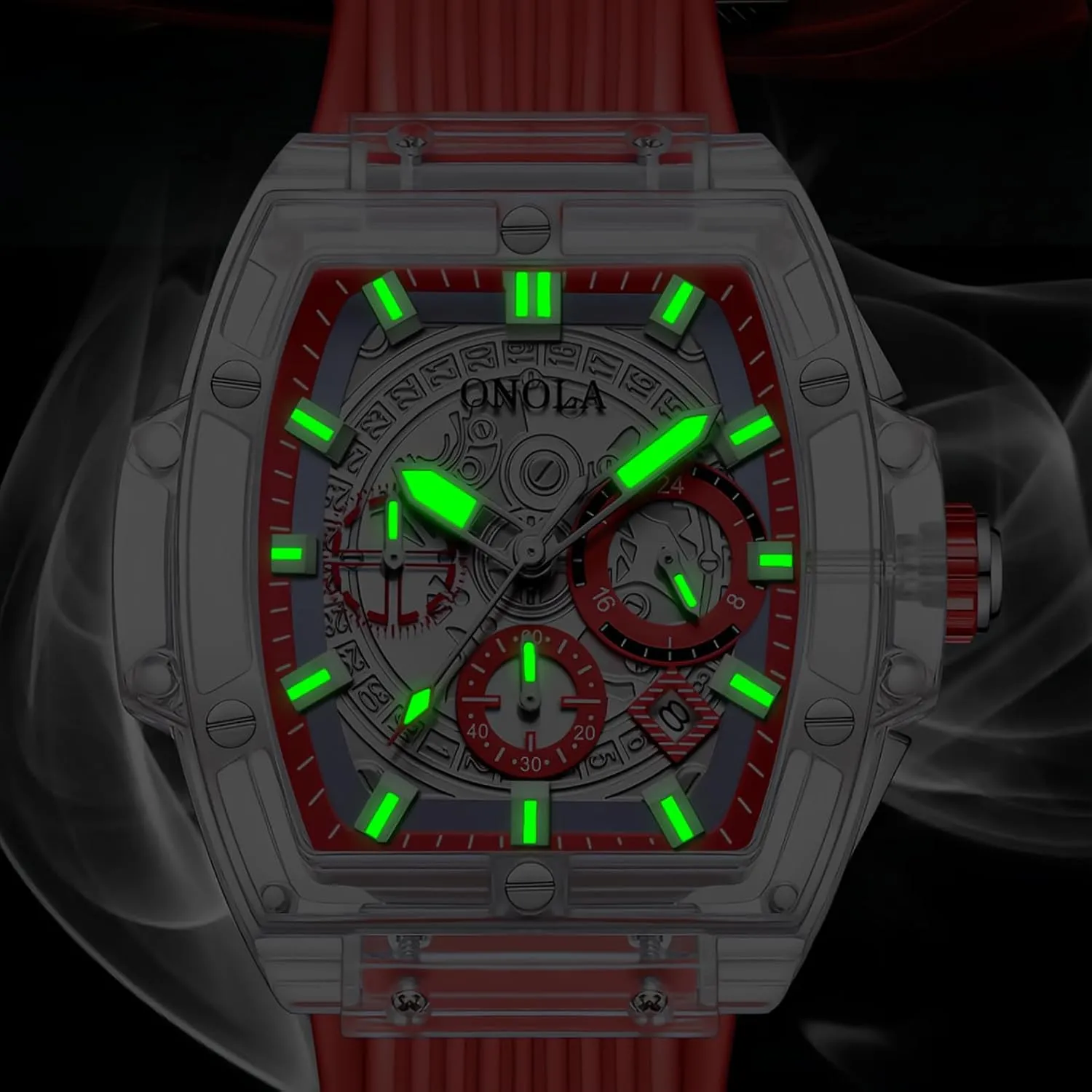 Face Luminous Waterproof Analog Quartz Watch Silicone Strap Date Calendar 3-Subdial Casual Wristwatch spur CARLIEN Mens Transparent Case Tonneau Fashion Large 