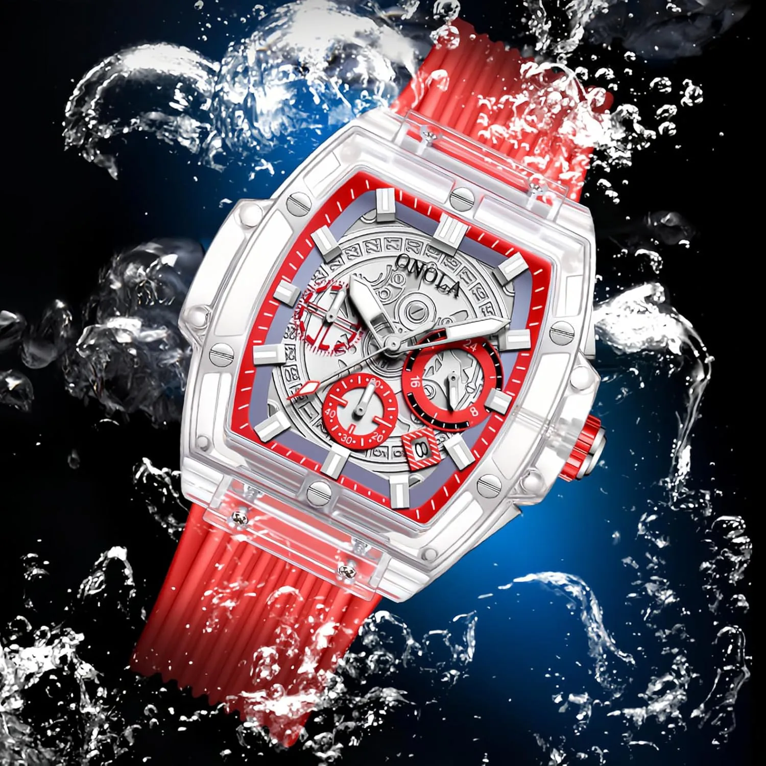 Face Luminous Waterproof Analog Quartz Watch Silicone Strap Date Calendar 3-Subdial Casual Wristwatch spur CARLIEN Mens Transparent Case Tonneau Fashion Large 