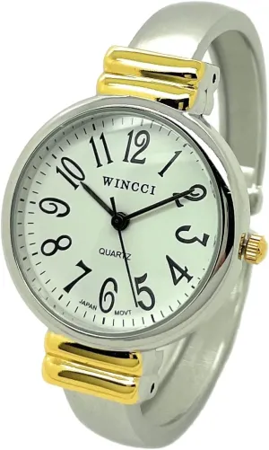 Fashion Analog Quartz Watch White Dial with Easy to Read Black Numbers Black Hour Minute Second Hands Ladies Classic Round Case drill Boston ageism playful drawing cruel Metal Bangle Cuff 