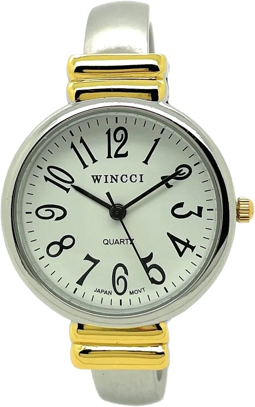 Fashion Analog Quartz Watch White Dial with Easy to Read Black Numbers Black Hour Minute Second Hands Ladies Classic Round Case drill Boston ageism playful drawing cruel Metal Bangle Cuff 