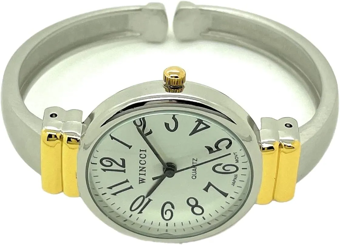 Fashion Analog Quartz Watch White Dial with Easy to Read Black Numbers Black Hour Minute Second Hands Ladies Classic Round Case drill Boston ageism playful drawing cruel Metal Bangle Cuff 