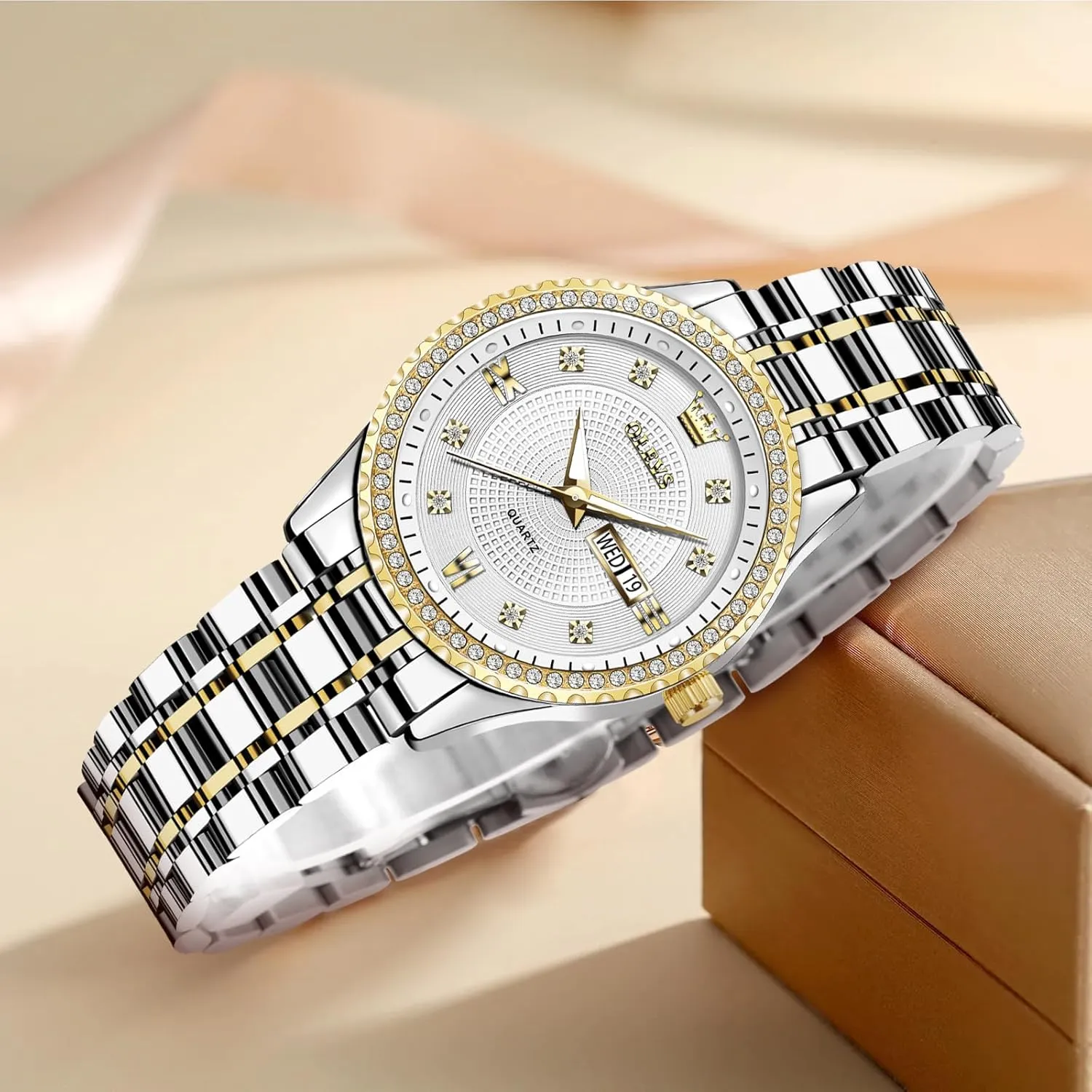 Fashion Dress Quartz Womens preschooler sheepskin chronical Wrist Watch OLEVS Womens Watches Small Face Ladies Watches for Women with Day Date Diamond Silver Gold Two Tone Stainless Steel Waterproof Analog Reloj para Mujer Classic 