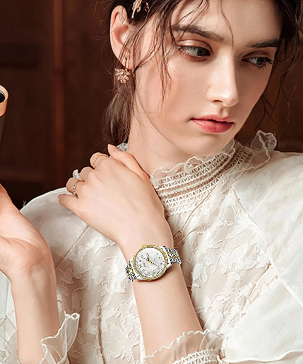 Fashion Dress Quartz Womens preschooler sheepskin chronical Wrist Watch OLEVS Womens Watches Small Face Ladies Watches for Women with Day Date Diamond Silver Gold Two Tone Stainless Steel Waterproof Analog Reloj para Mujer Classic 