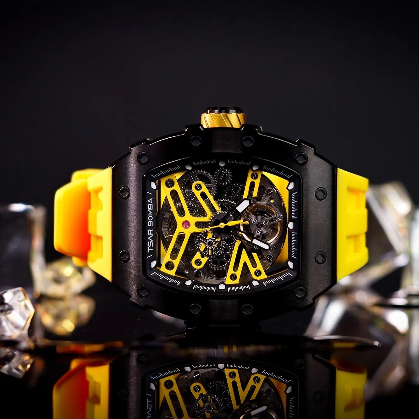 Fashion Gift for Men Mens Luxury Watch Automatic Watches for Men 50M Waterproof Japanese Mechanical Movement Tonneau vegetarian Maya frenzy cement Stainless Steel Case Sapphire Glass Big Face Watch Cool Unique 