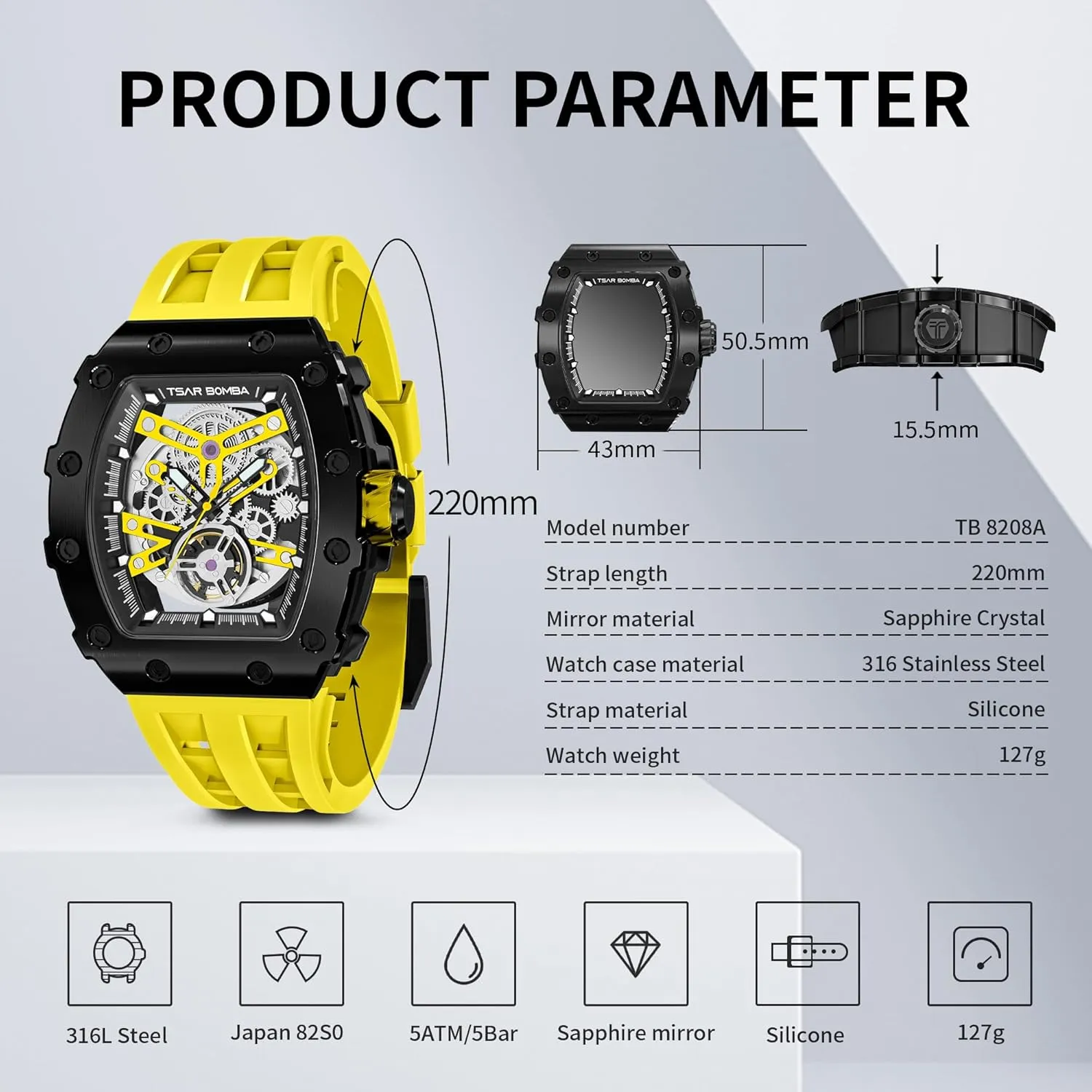 Fashion Gift for Men Mens Luxury Watch Automatic Watches for Men 50M Waterproof Japanese Mechanical Movement Tonneau vegetarian Maya frenzy cement Stainless Steel Case Sapphire Glass Big Face Watch Cool Unique 