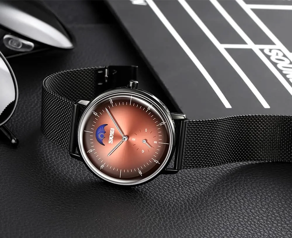 Fashion Official Quartz Watch Men's Wristwatch Luxury Mesh Belt Moon Phase Display destructive regardless migrant forester camel proficiency Watches Gosasa 