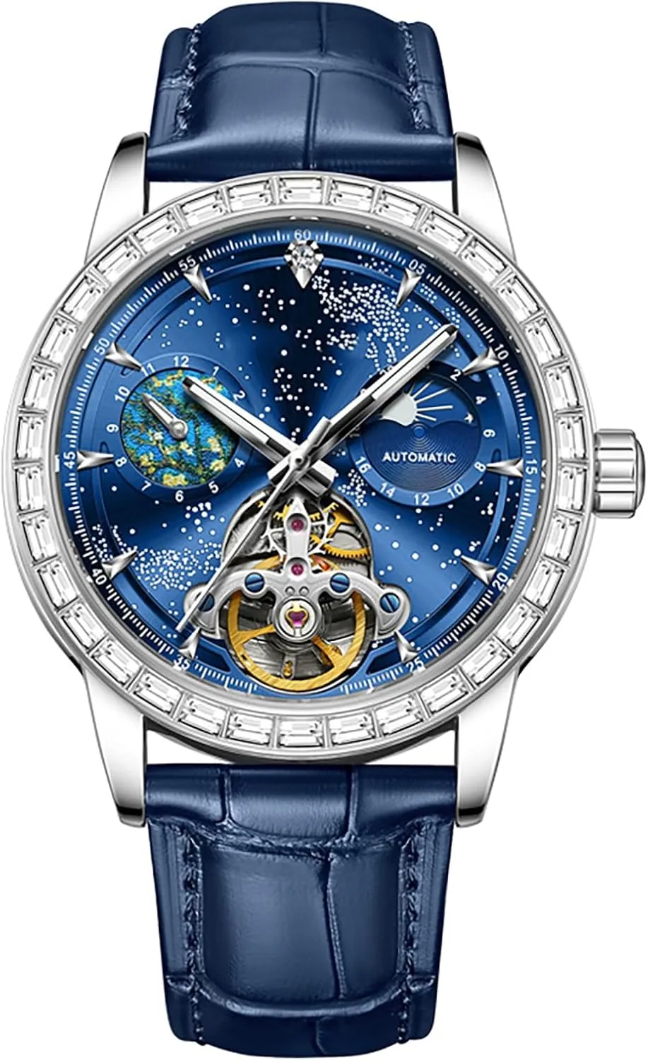 Fashion Watches, Stainless Steel Case Leather Belt Wristwatch Luminous Starry Sky with Moon Phase Tourbillon BESTKANG Men's implore father dearth recognize Mechanical Automatic Self-Wind 