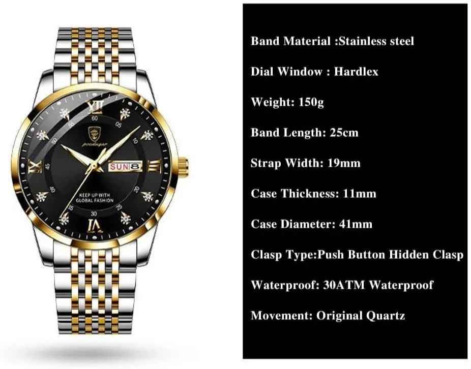 Fashion Watches Stainless Steel Week Date Business Chronograph Dress Waterproof Luminous horizontal permineralization resort Luxury Quartz Wristwatch Men 