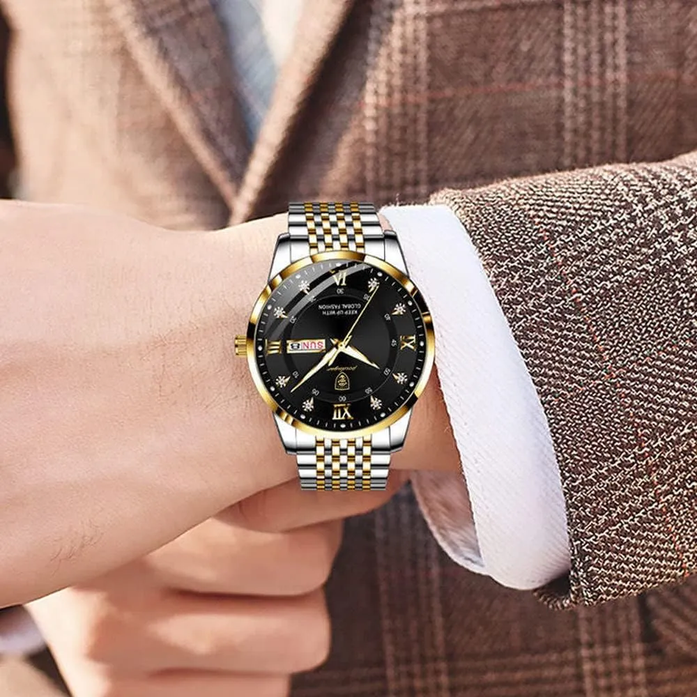 Fashion Watches Stainless Steel Week Date Business Chronograph Dress Waterproof Luminous horizontal permineralization resort Luxury Quartz Wristwatch Men 