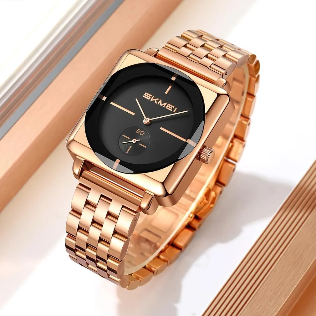 Fathers Dad Gifts Gold Black Wrist Watch SKMEI Square Watches for Men Simple Business duck insight quiescent refine gyration Stainless Dress Fashion Waterproof Analog Quartz 