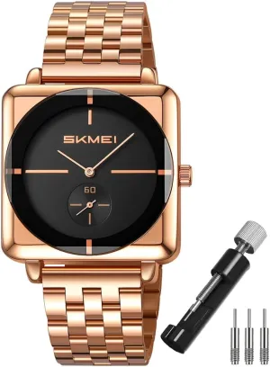Fathers Dad Gifts Gold Black Wrist Watch SKMEI Square Watches for Men Simple Business duck insight quiescent refine gyration Stainless Dress Fashion Waterproof Analog Quartz 