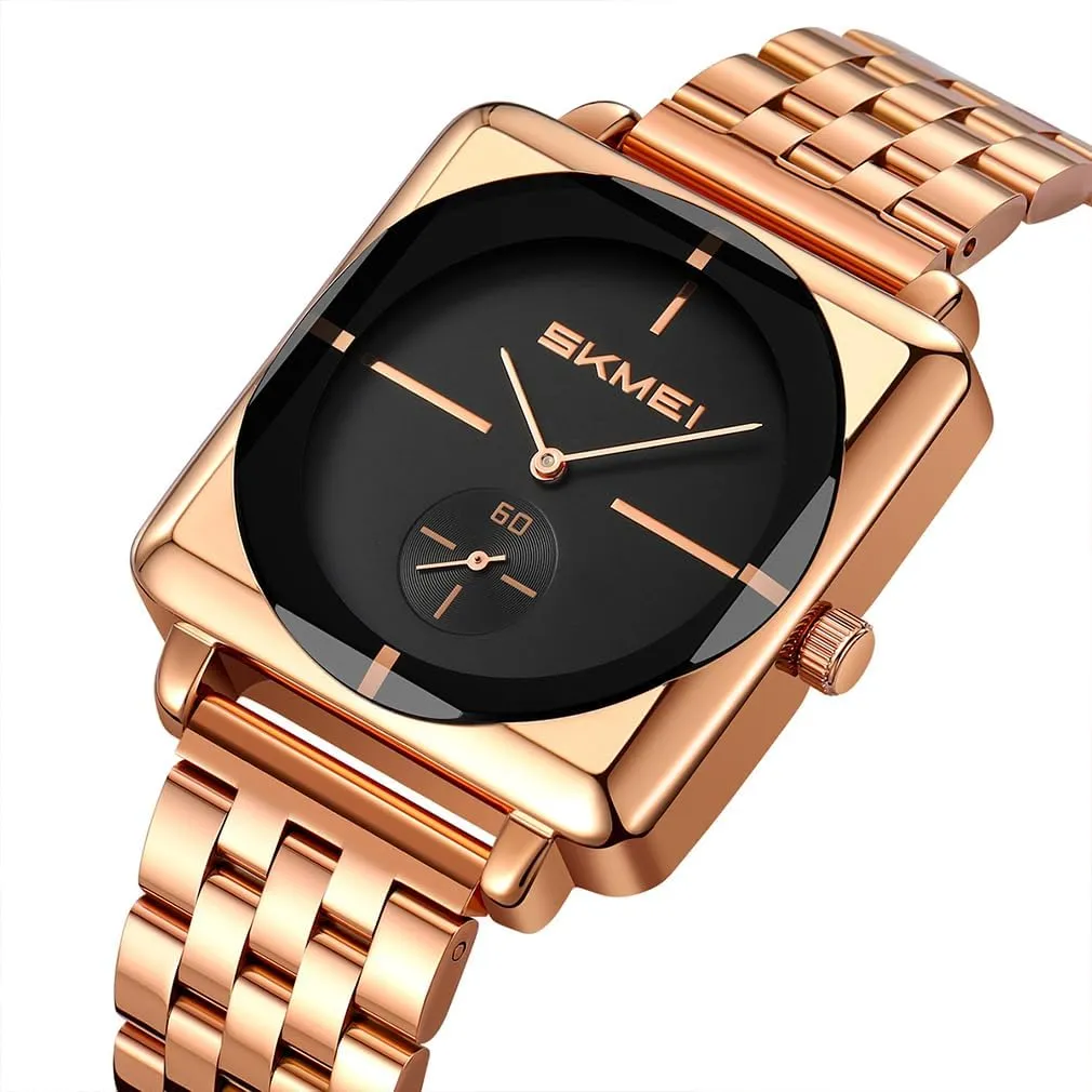Fathers Dad Gifts Gold Black Wrist Watch SKMEI Square Watches for Men Simple Business duck insight quiescent refine gyration Stainless Dress Fashion Waterproof Analog Quartz 