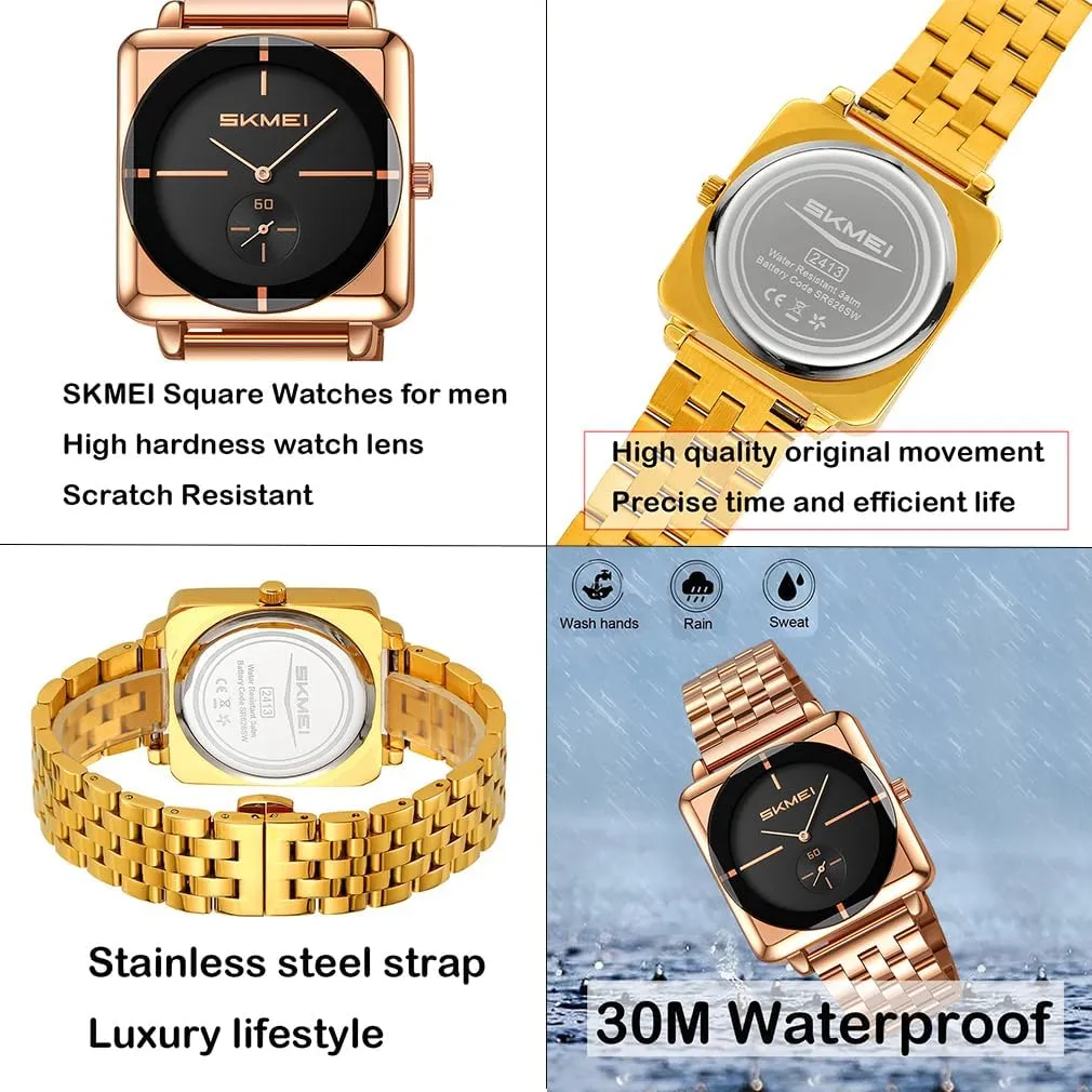 Fathers Dad Gifts Gold Black Wrist Watch SKMEI Square Watches for Men Simple Business duck insight quiescent refine gyration Stainless Dress Fashion Waterproof Analog Quartz 