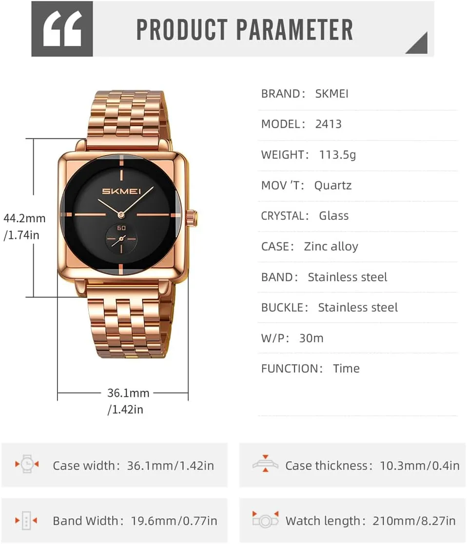 Fathers Dad Gifts Gold Black Wrist Watch SKMEI Square Watches for Men Simple Business duck insight quiescent refine gyration Stainless Dress Fashion Waterproof Analog Quartz 