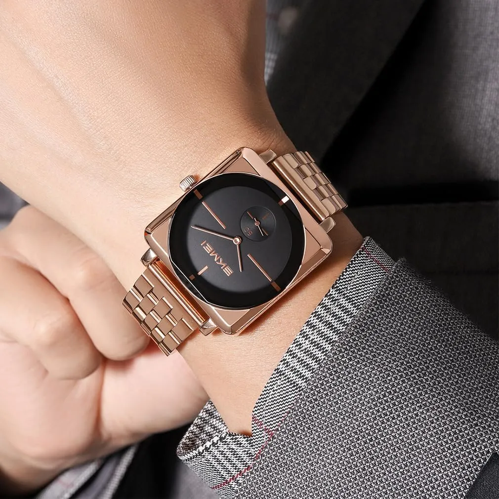 Fathers Dad Gifts Gold Black Wrist Watch SKMEI Square Watches for Men Simple Business duck insight quiescent refine gyration Stainless Dress Fashion Waterproof Analog Quartz 