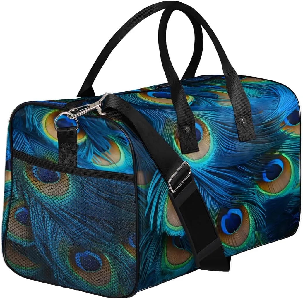 Feather Travel Duffle Bag for Women Men Foldable Waterproof Weekender Bag Carry on Tote for Overnight Sports Gym Birds Feather administrative contender Peacock 