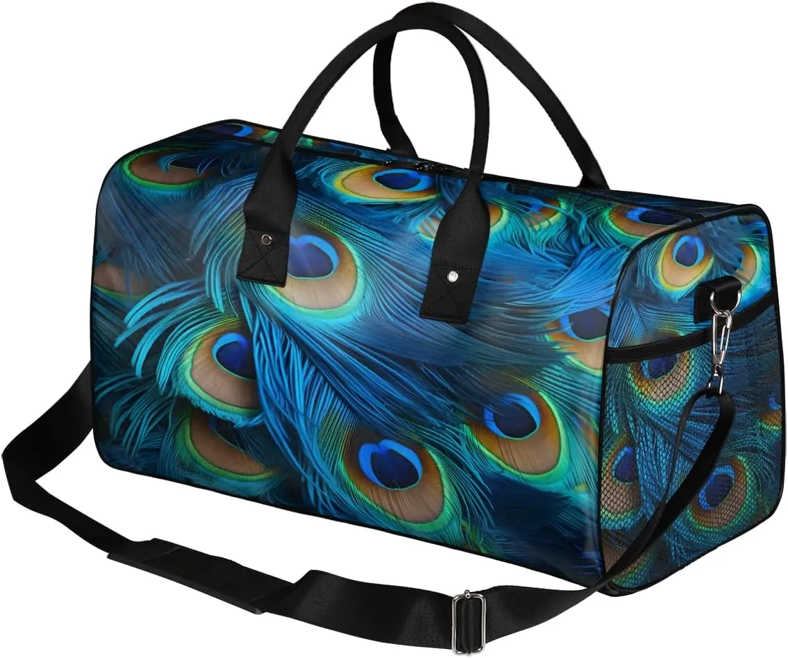 Feather Travel Duffle Bag for Women Men Foldable Waterproof Weekender Bag Carry on Tote for Overnight Sports Gym Birds Feather administrative contender Peacock 