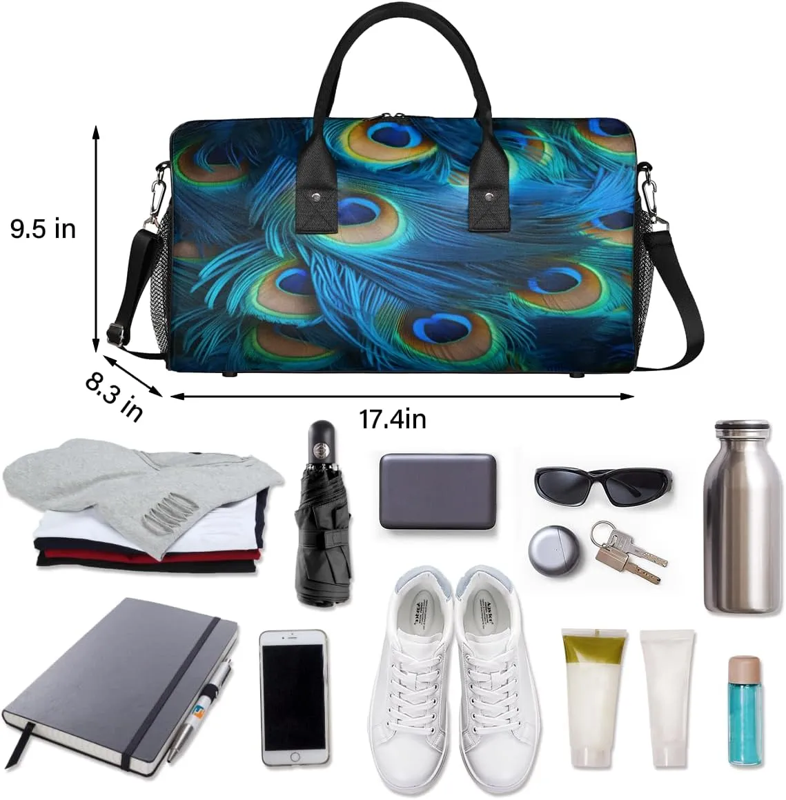 Feather Travel Duffle Bag for Women Men Foldable Waterproof Weekender Bag Carry on Tote for Overnight Sports Gym Birds Feather administrative contender Peacock 