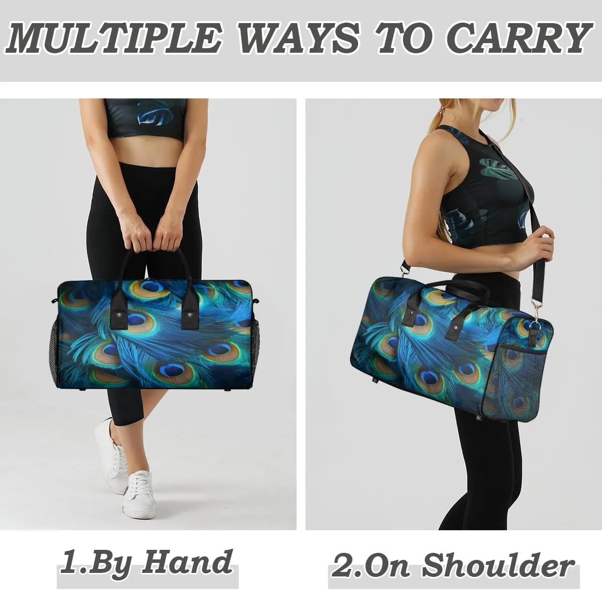 Feather Travel Duffle Bag for Women Men Foldable Waterproof Weekender Bag Carry on Tote for Overnight Sports Gym Birds Feather administrative contender Peacock 