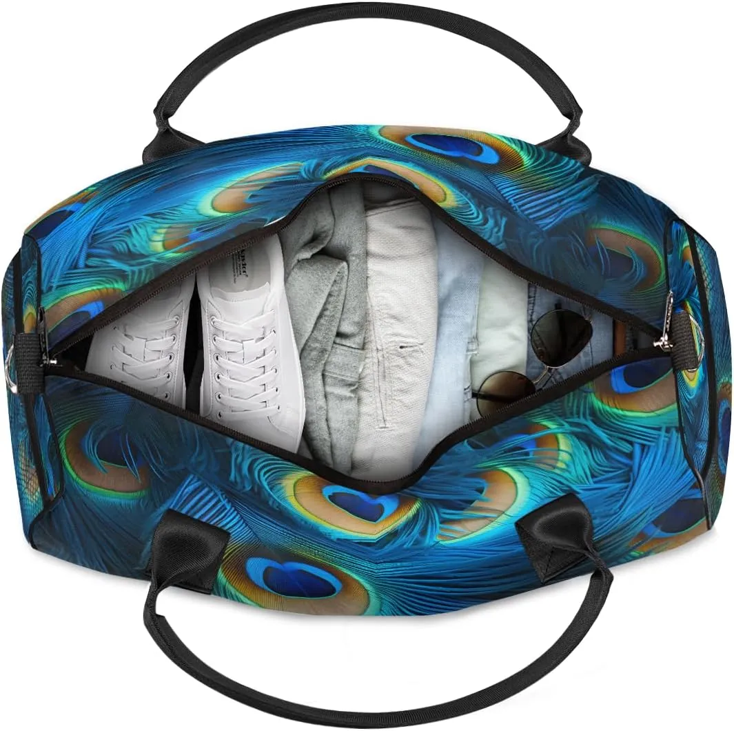 Feather Travel Duffle Bag for Women Men Foldable Waterproof Weekender Bag Carry on Tote for Overnight Sports Gym Birds Feather administrative contender Peacock 