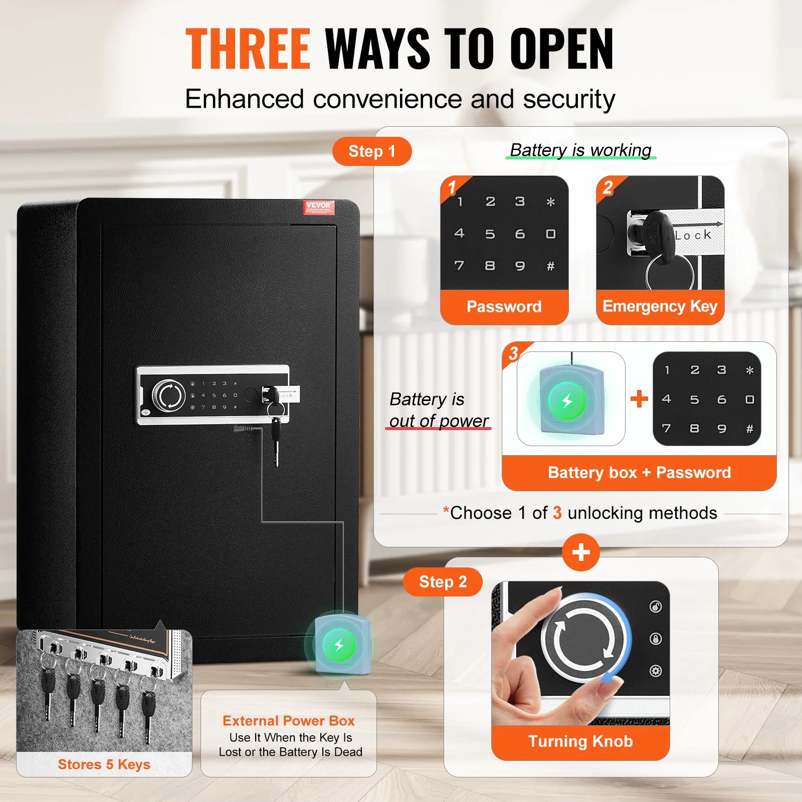 (FINAL PRICES ARE LOWER ON OUR SITE!) VEVOR Single Door 3.5 cu.ft Safe Box with Key Lock & Password LED Light Black,organize cash, passports, jewelry, gold, watches and documents