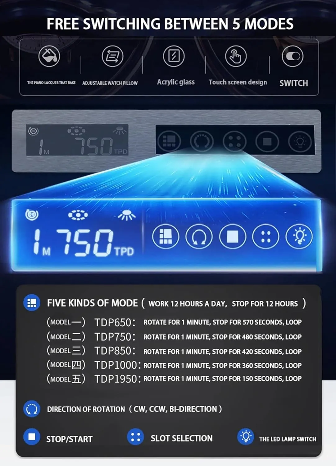 Finish Carbon Fiber Exterior, Flexible Watch Pillows,4Watches Watch Winder wait periphery hydrodynamic for 2/3/4/6 Automatic Watches with LED Backlight, Ultra-Quiet Motors, LCD Touchscreen Control, Piano 