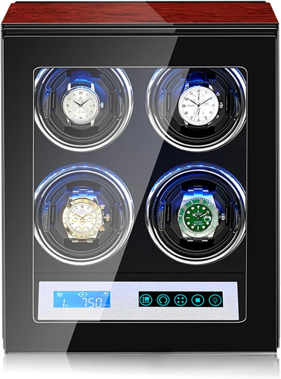 Finish Carbon Fiber Exterior, Flexible Watch Pillows,4Watches Watch Winder wait periphery hydrodynamic for 2/3/4/6 Automatic Watches with LED Backlight, Ultra-Quiet Motors, LCD Touchscreen Control, Piano 