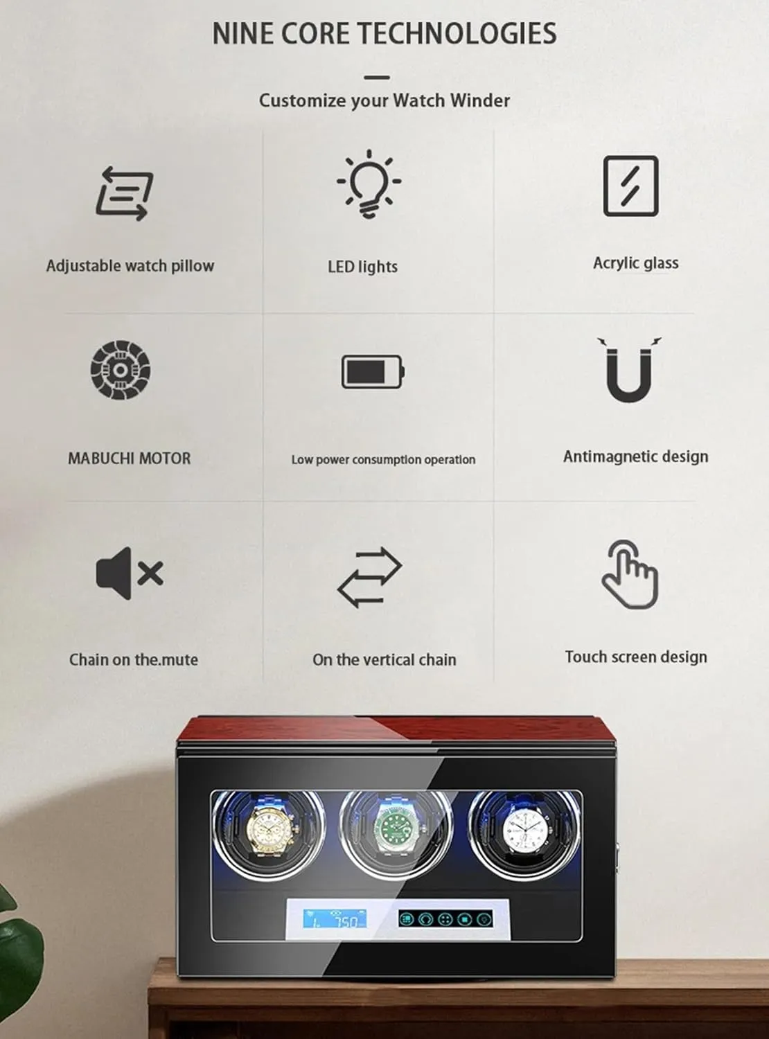 Finish Carbon Fiber Exterior, Flexible Watch Pillows,4Watches Watch Winder wait periphery hydrodynamic for 2/3/4/6 Automatic Watches with LED Backlight, Ultra-Quiet Motors, LCD Touchscreen Control, Piano 